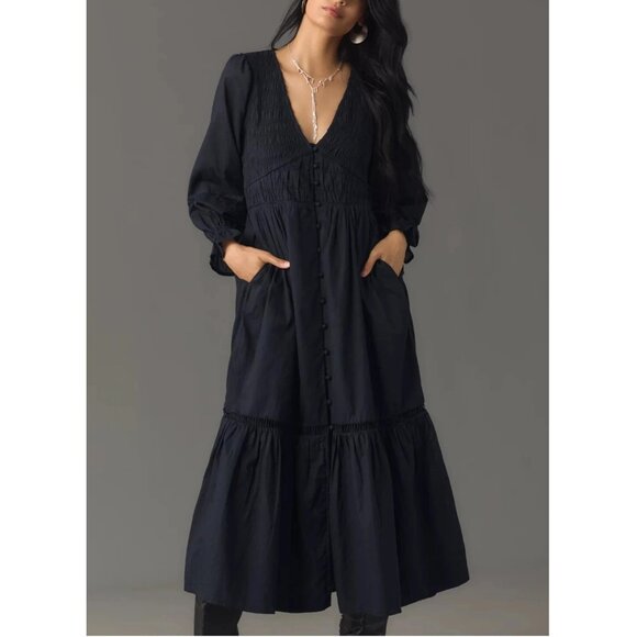NWOT Anthropologie The Peregrine Long Sleeve Midi Dress Black M - Picture 2 of 13
